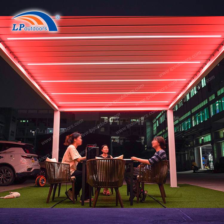 RGB Light Modern Bioclimatic Pergola Gazebo with Motorized Louvered Roof for Backyard
