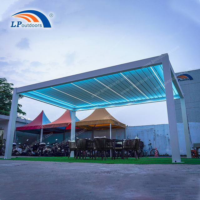 Automated Opening Louvered Roof Bioclimatic Pergola With Lighting Aluminum Pergola For Outdoor Restaurant