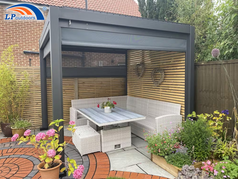 Aluminum Motorized Louvered Pergola with Pull-down Screen Roller Blinds for Sale 