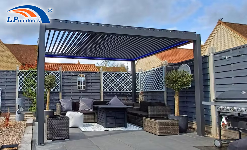 folding roof pergola near the water