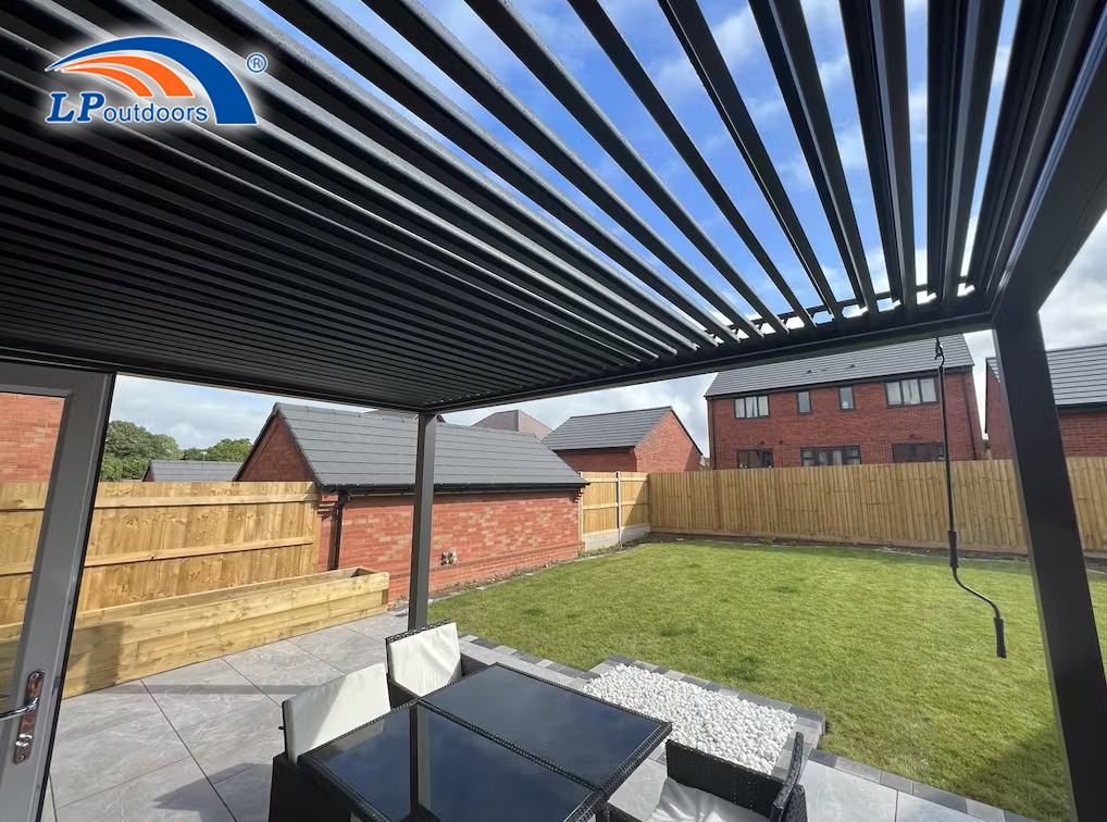 folding roof pergola near the water