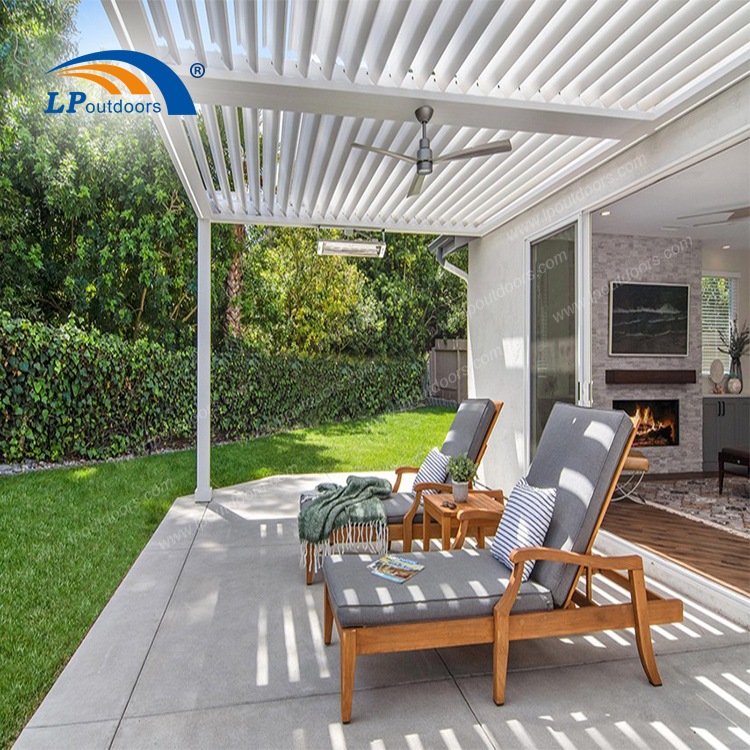 white louver roof pergola with fan