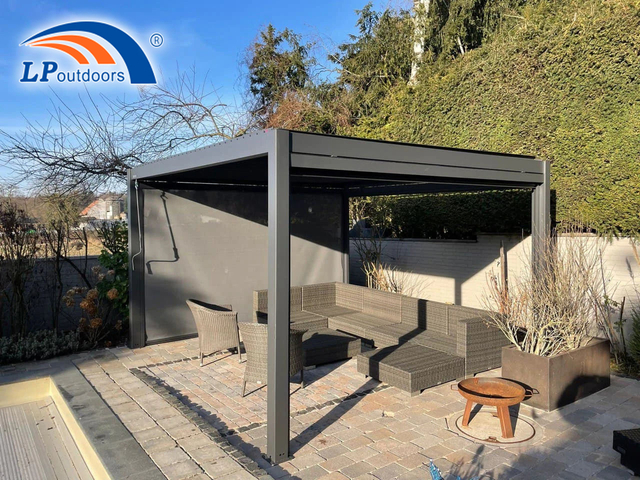 4x6 6x4m Aluminum Gazebo Pergola with Motorized Louvered Roof and Roller Blinds
