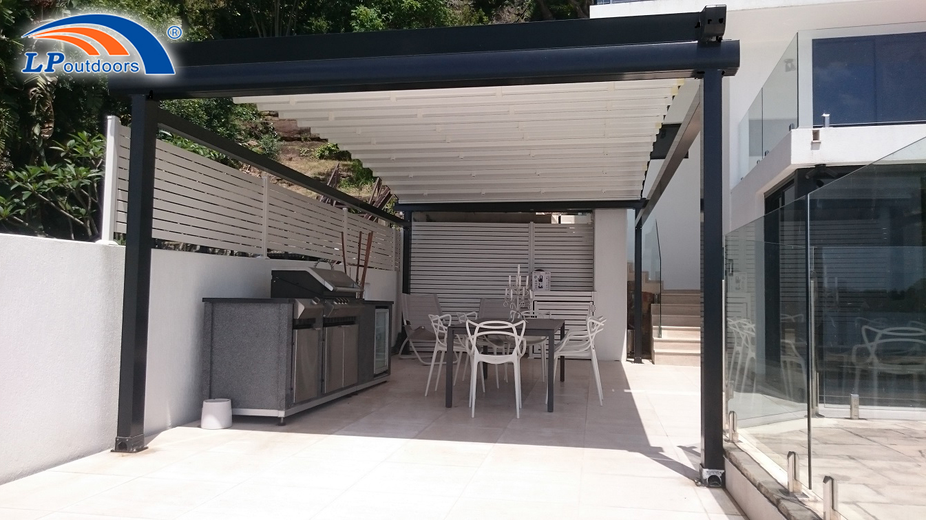 black retractable roof pergola on balcony