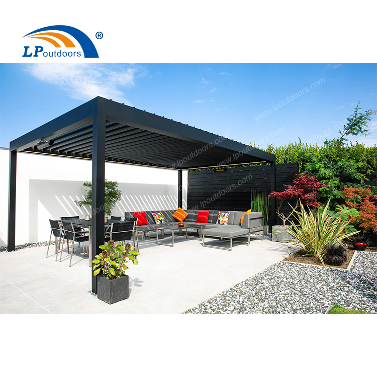 black louvered roof pergola in garden